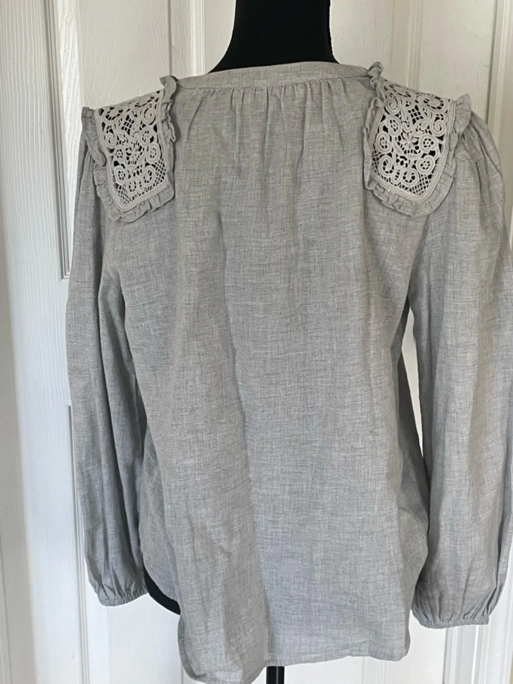 LOFT Light Grayish green Button Placket Top with Crochet Shoulder Panels - Picture 2 of 6